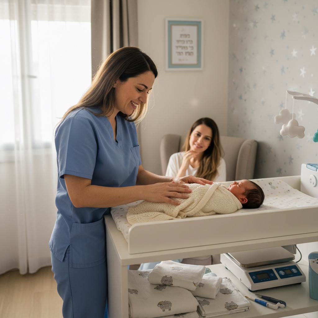 אחות יילוד מקצועית מטפלת בתינוק חדש נולד