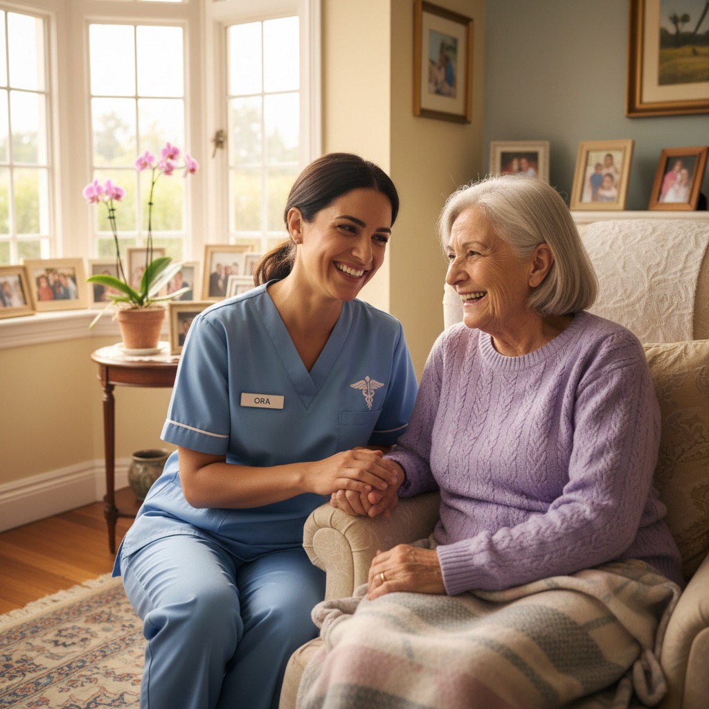 אחות מטפלת בקשישה בבית בחום ובמקצועיות