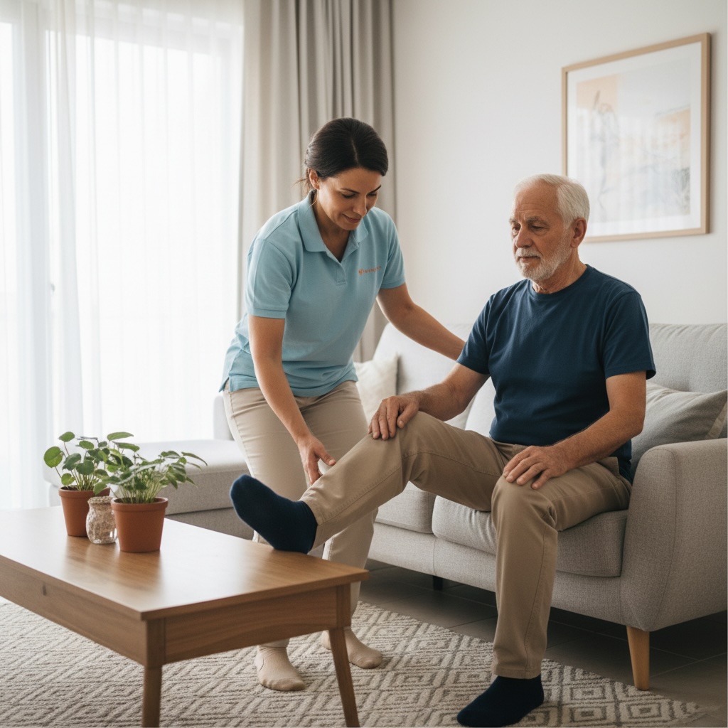 פיזיותרפיסט עובד עם קשיש בבית